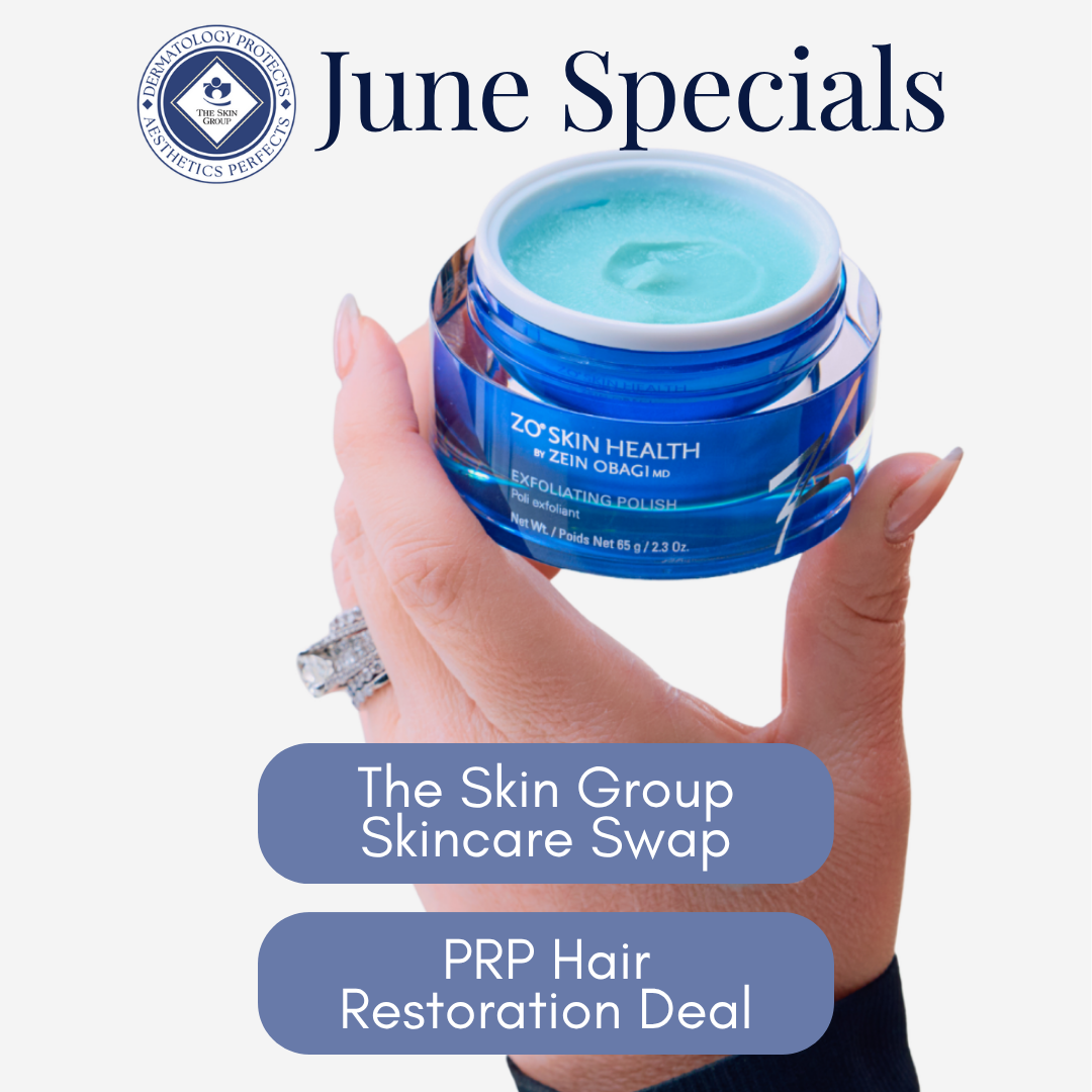 June specials for The Skin Group: hand holding a blue jar of exfoliating polish with two rounded promo badges reading 'The Skin Group Skincare Swap' and 'PRP Hair Restoration Deal'