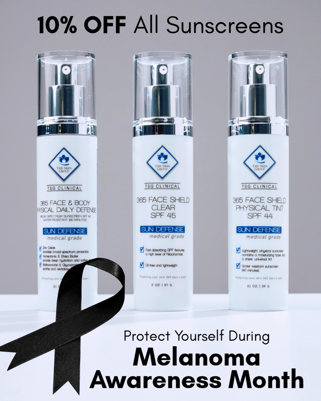 Three white sunscreen bottles with pump tops on a light background, promoting 10% off all sunscreens for Melanoma Awareness Month, with a black ribbon symbolizing awareness at the bottom.