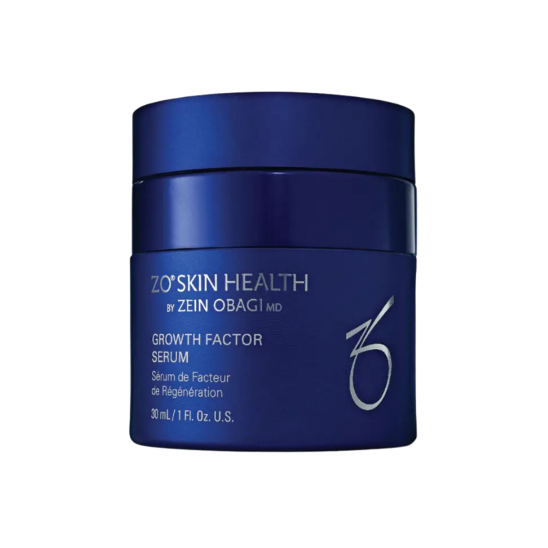 Blue cosmetic jar labeled Zo Skin Health Growth Factor Serum by Zein Obagi, 30 mL, for regeneration benefits on the container image